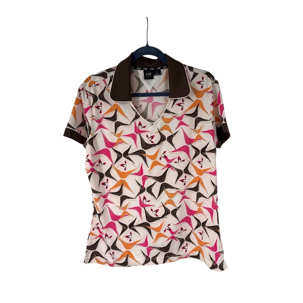 Nivo By Lanctot Women's Golf Top XL V Neck Collared Brown Retro Mod Print